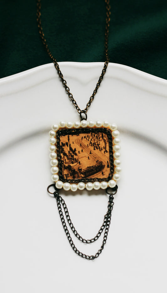 Field Officer Matthew Ellwood - steampunk necklace with vintage city postcard