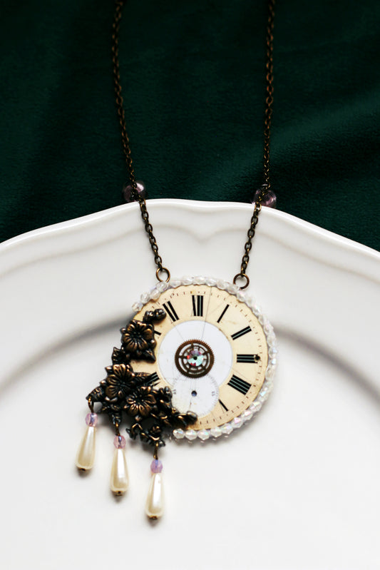 Sergeant Ella Lamb-Fowler - statement steampunk necklace with flowers and porcelain pocket watch