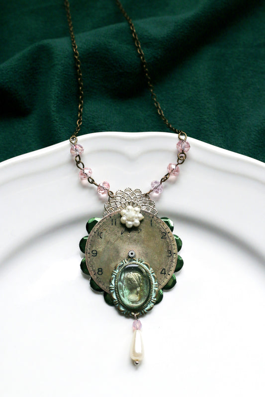 Air Marshal Mayme Letterford - steampunk necklace with glass cameo and green watch pocket