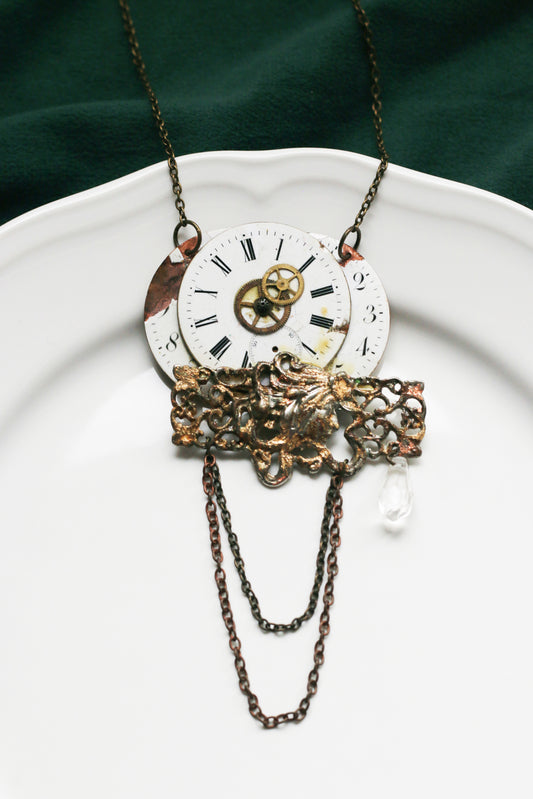 Captain Doris Trevett - statement steampunk necklace with Mucha styled antique brooch