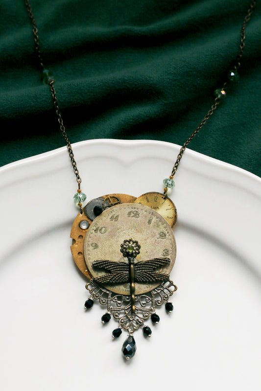 Prince Jerry Barrowcliffe - statement steampunk necklace with dragonfly and antique green vintage pocket watch