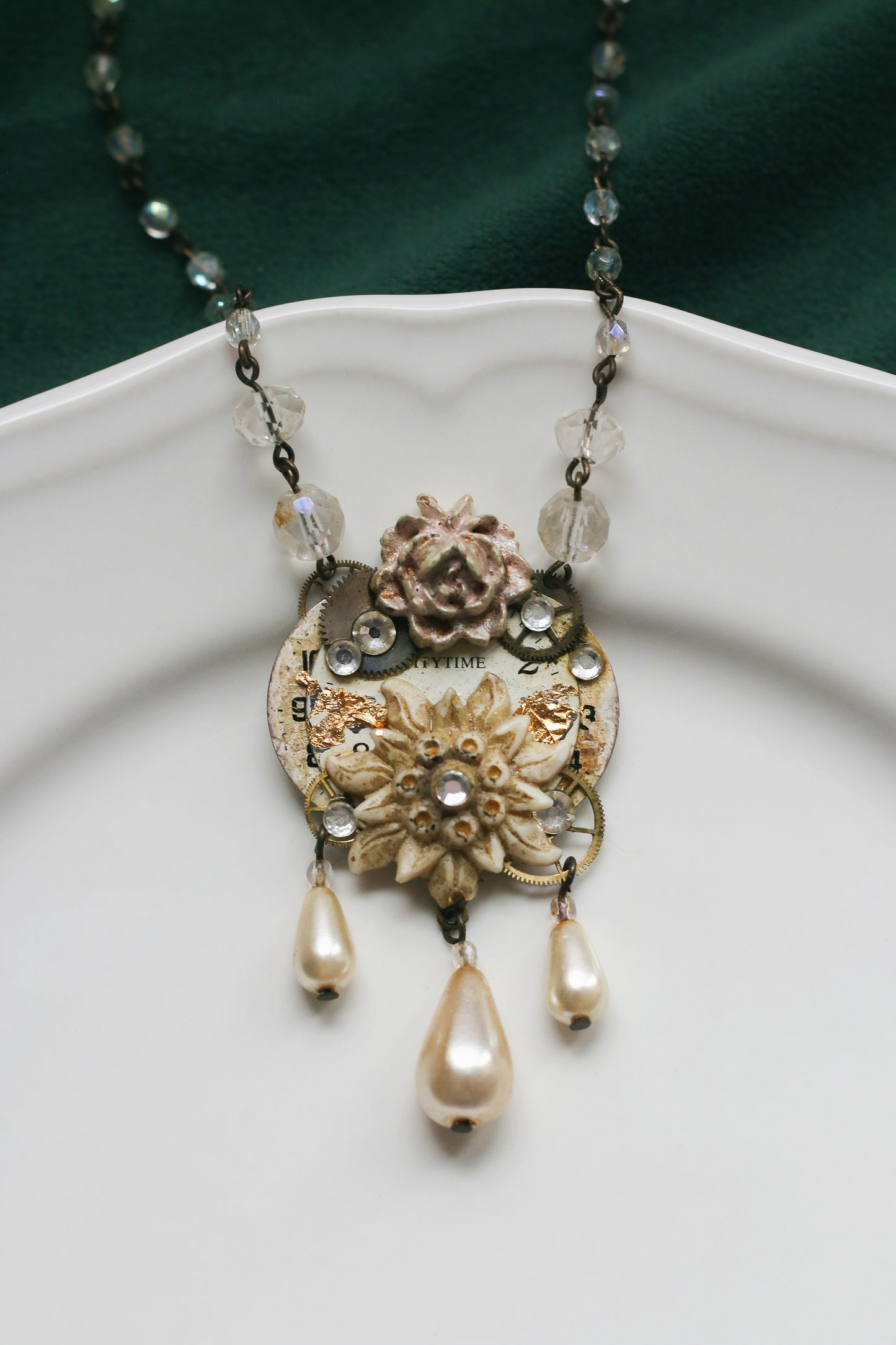 Princess Hattie Bumble - steampunk flower necklace with polimer clay rose and pearls