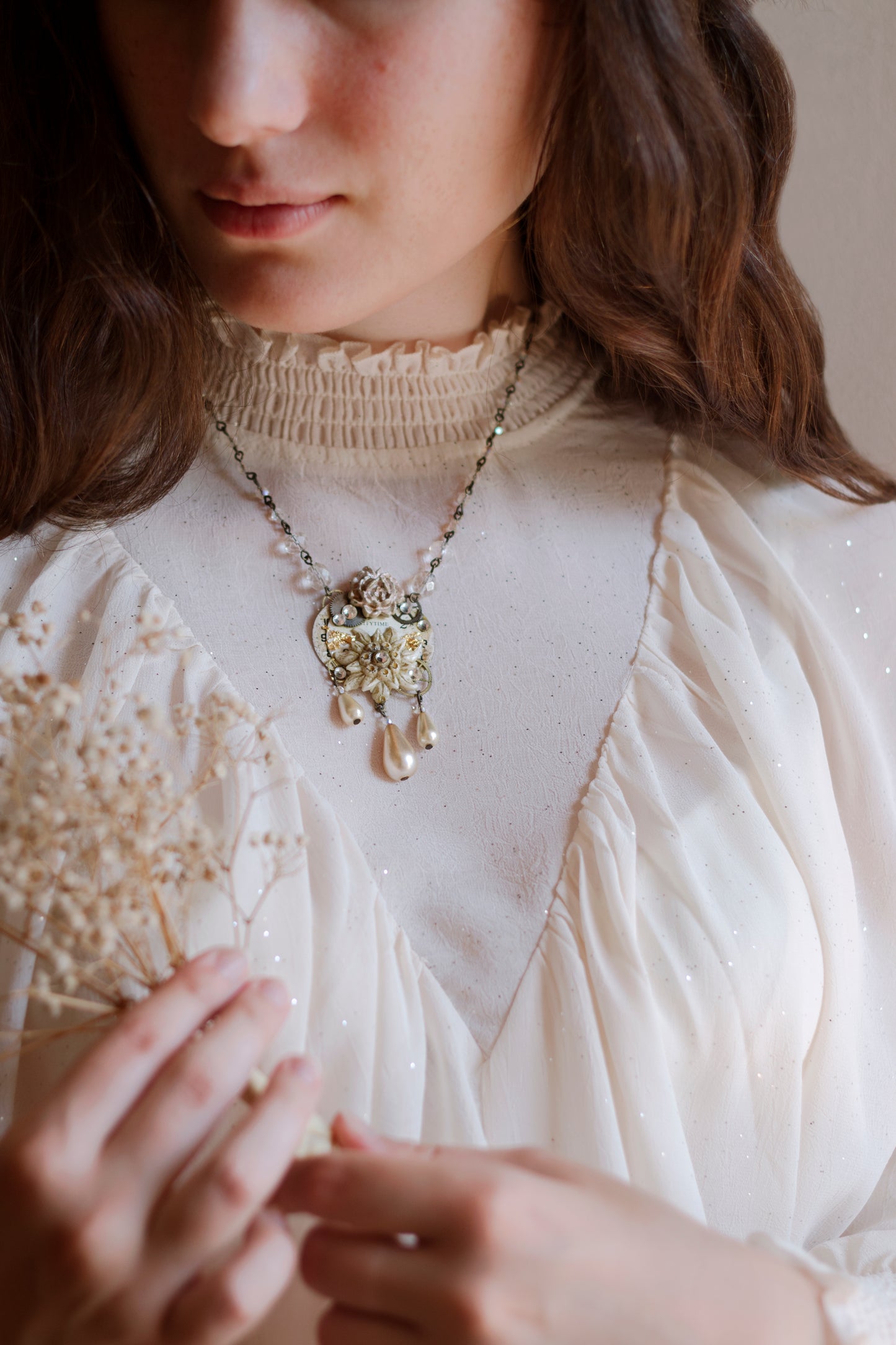 Princess Hattie Bumble - steampunk flower necklace with polimer clay rose and pearls