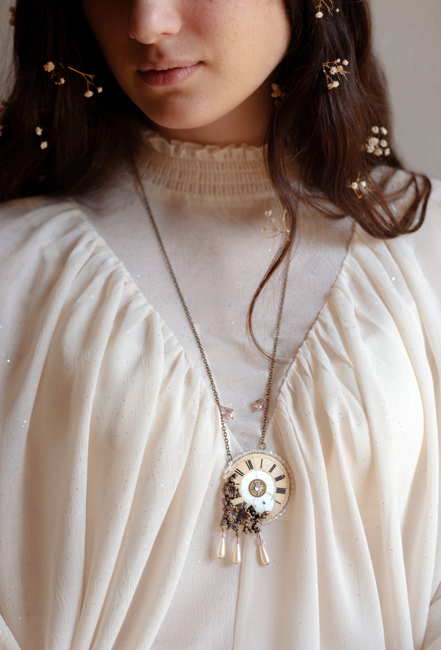 Sergeant Ella Lamb-Fowler - statement steampunk necklace with flowers and porcelain pocket watch