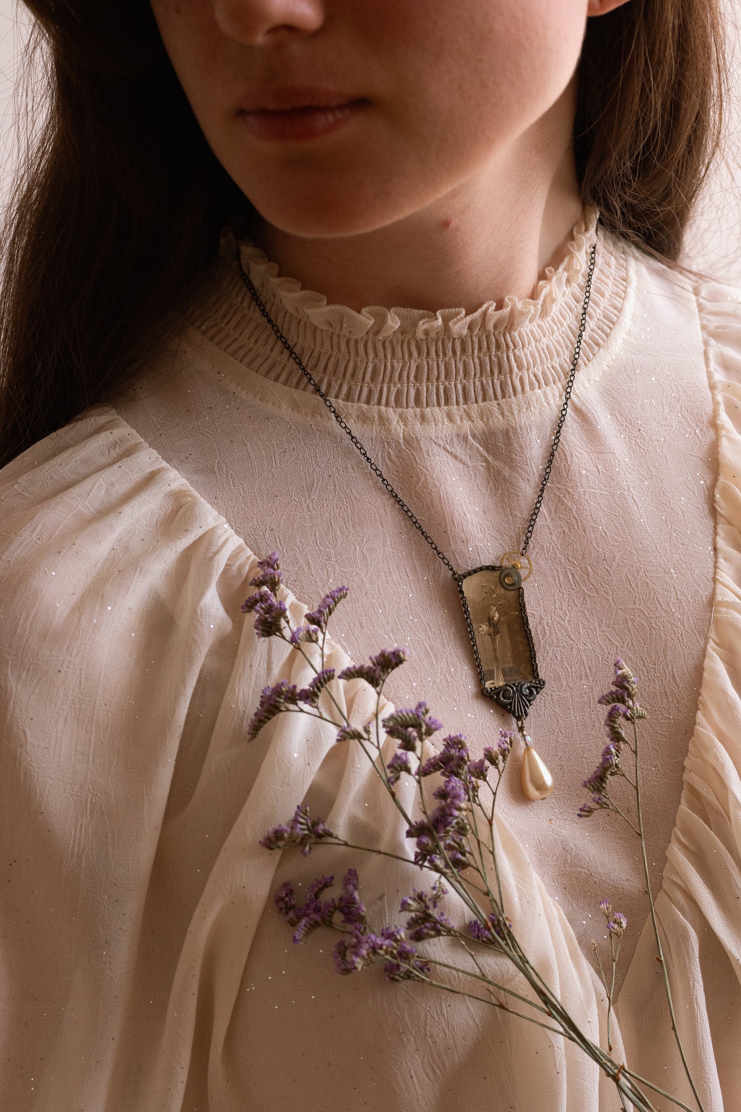 Baroness Irene Licorish - steampunk necklace with vintage floral postcard and antique gears