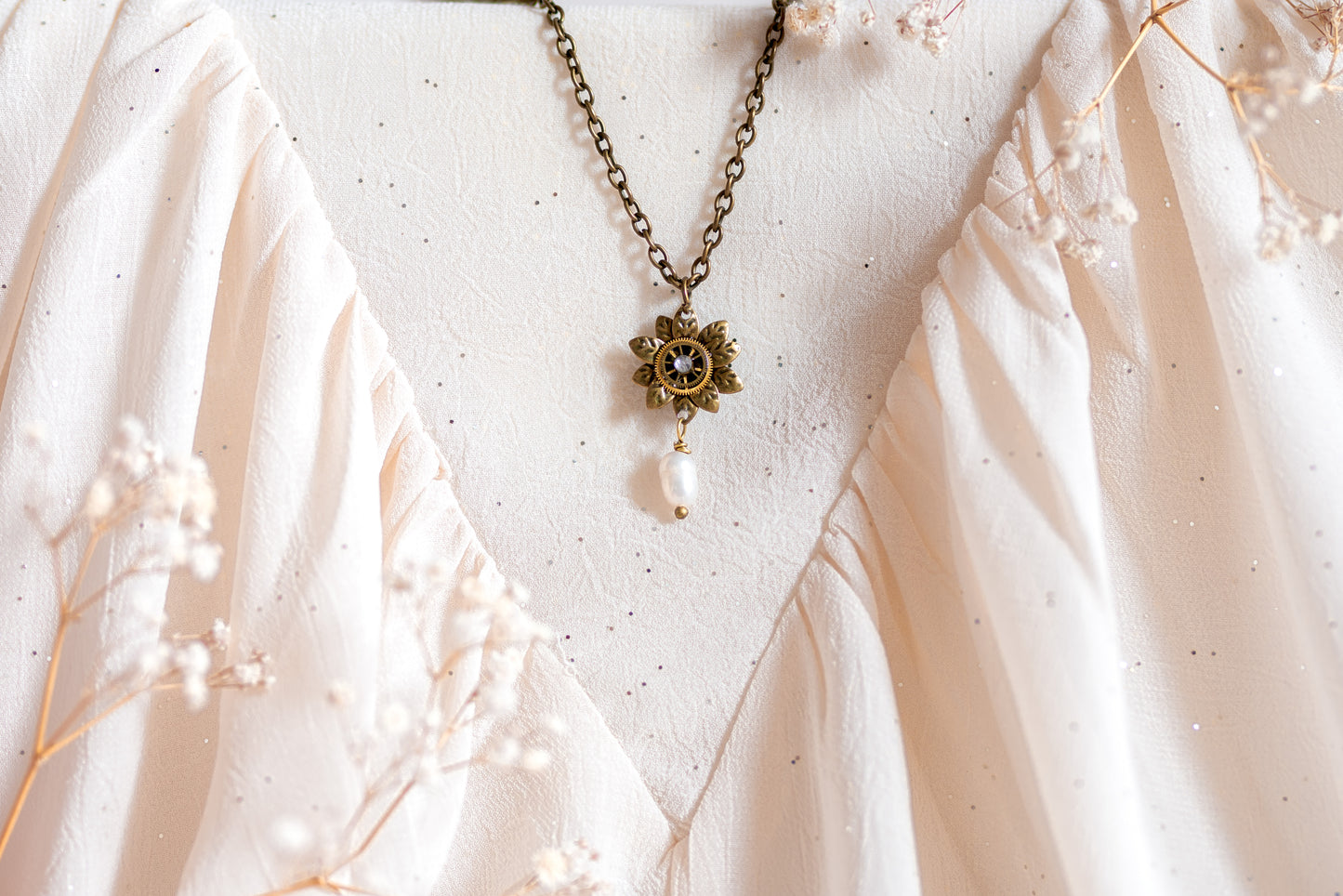 Dutchess River Uberamton - steampunk necklace withantique gears and fresh pearl